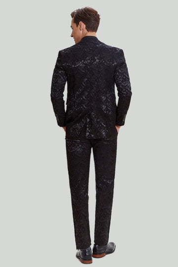 Homme Noir 3 pièces Jacquard Veste Pantalon Costume